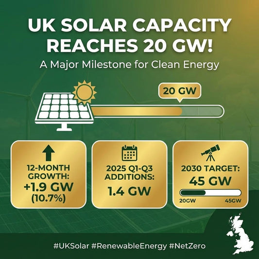 UK Solar Capacity Reaches 20GW! A Major Milestone for Clean Energy. 12 Month Growth was 1.9GW, a 10.7% increase YoY. 2025 Q1 to Q3 was 1.4GW Alone. Nearly halfway to 2030 target of 45GW