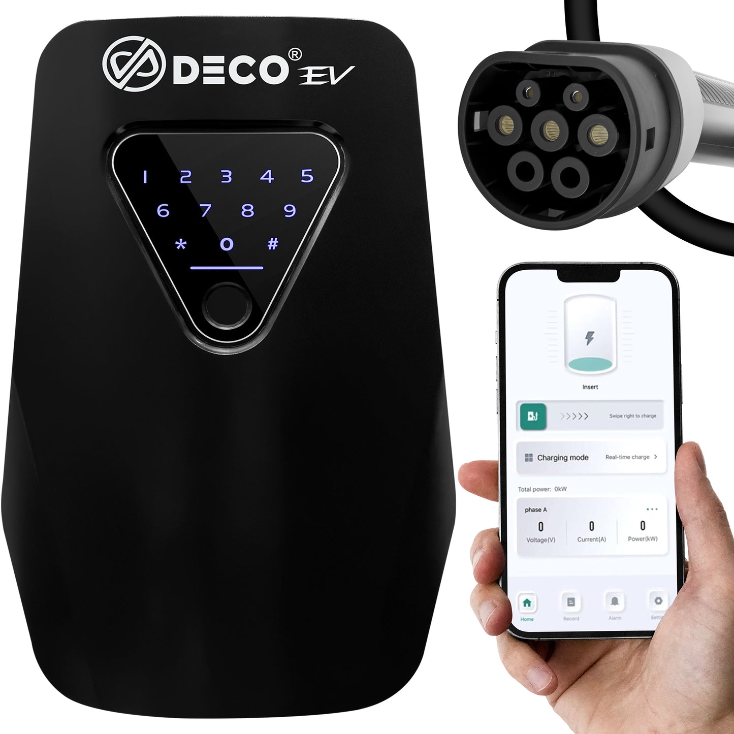 DECO® EV Touch | 7.4kW/32A WallBox | Super Fast EV Charger | 5M Cable Type 2 | Indoor/Outdoor | Black Electric Vehicle Car Charger | Fingerprint