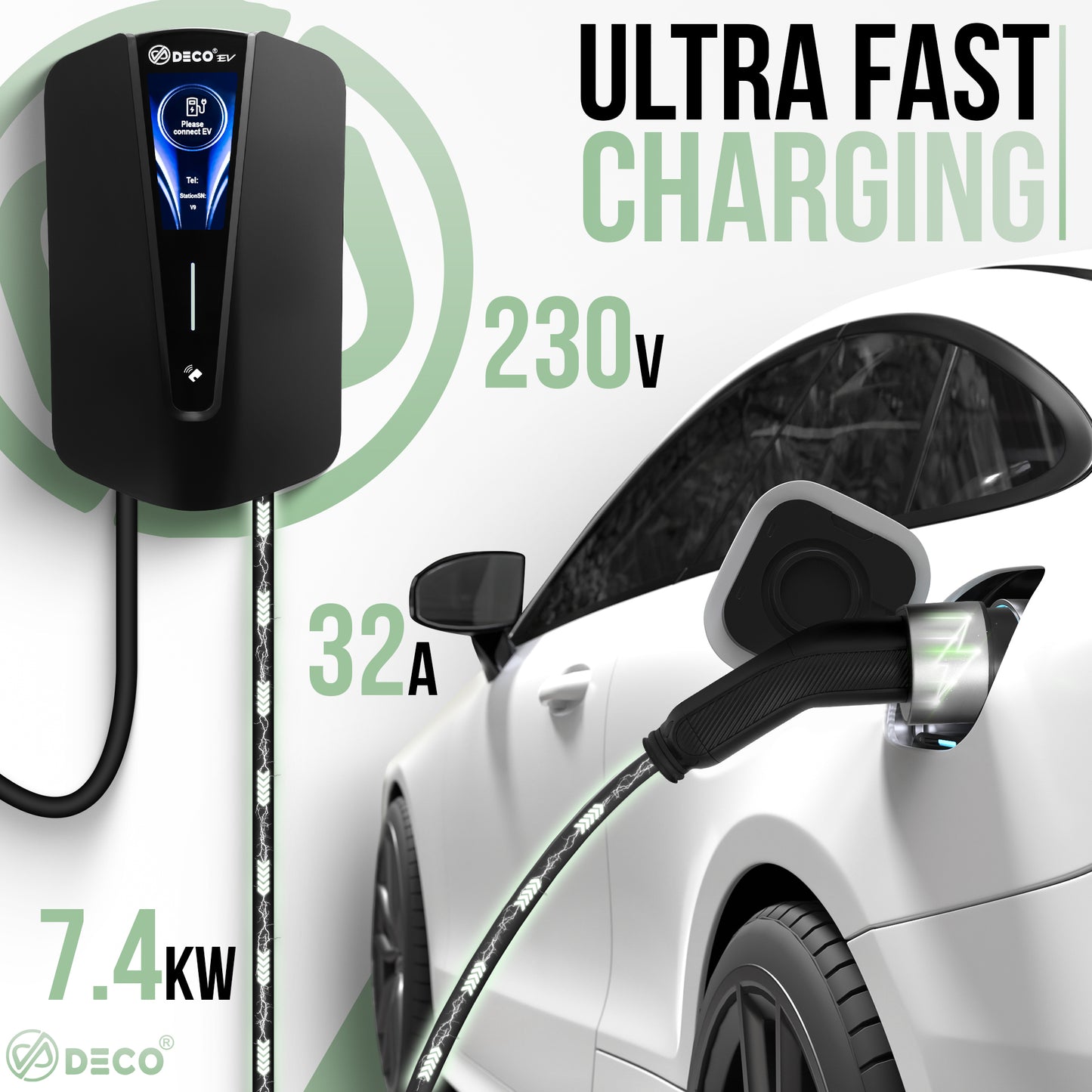 DECO® EV Tempest | 7.4kW/32A WallBox | Super Fast EV Charger | 5M Cable Type 2 | Indoor/Outdoor | Black Electric Vehicle Car Charger | UKCA Certified