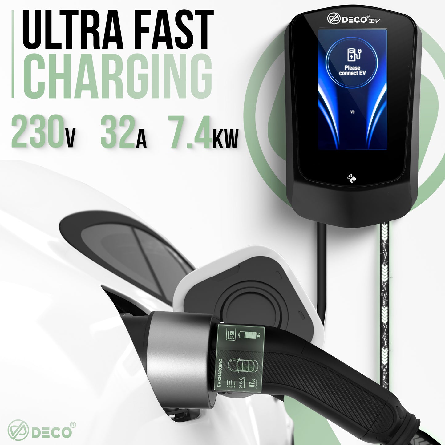 DECO® EV APEX | 7.4kW/32A WallBox | Super Fast EV Charger | 5M Cable Type 2 | Indoor/Outdoor | Black Electric Vehicle Car Charger | UKCA Certified