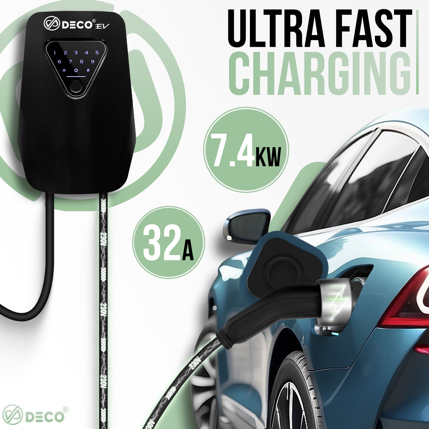 DECO® EV Touch | 7.4kW/32A WallBox | Super Fast EV Charger | 5M Cable Type 2 | Indoor/Outdoor | Black Electric Vehicle Car Charger | Fingerprint