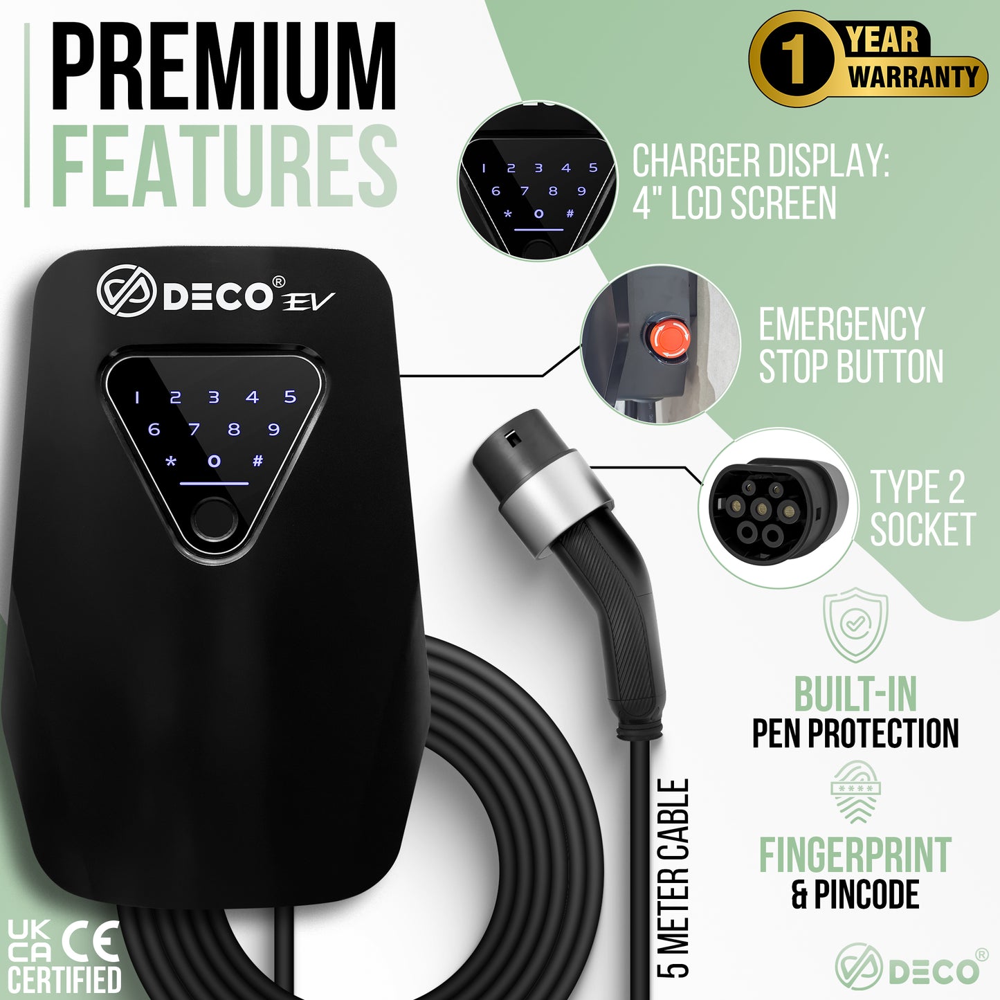 DECO® EV Touch | 7.4kW/32A WallBox | Super Fast EV Charger | 5M Cable Type 2 | Indoor/Outdoor | Black Electric Vehicle Car Charger | Fingerprint