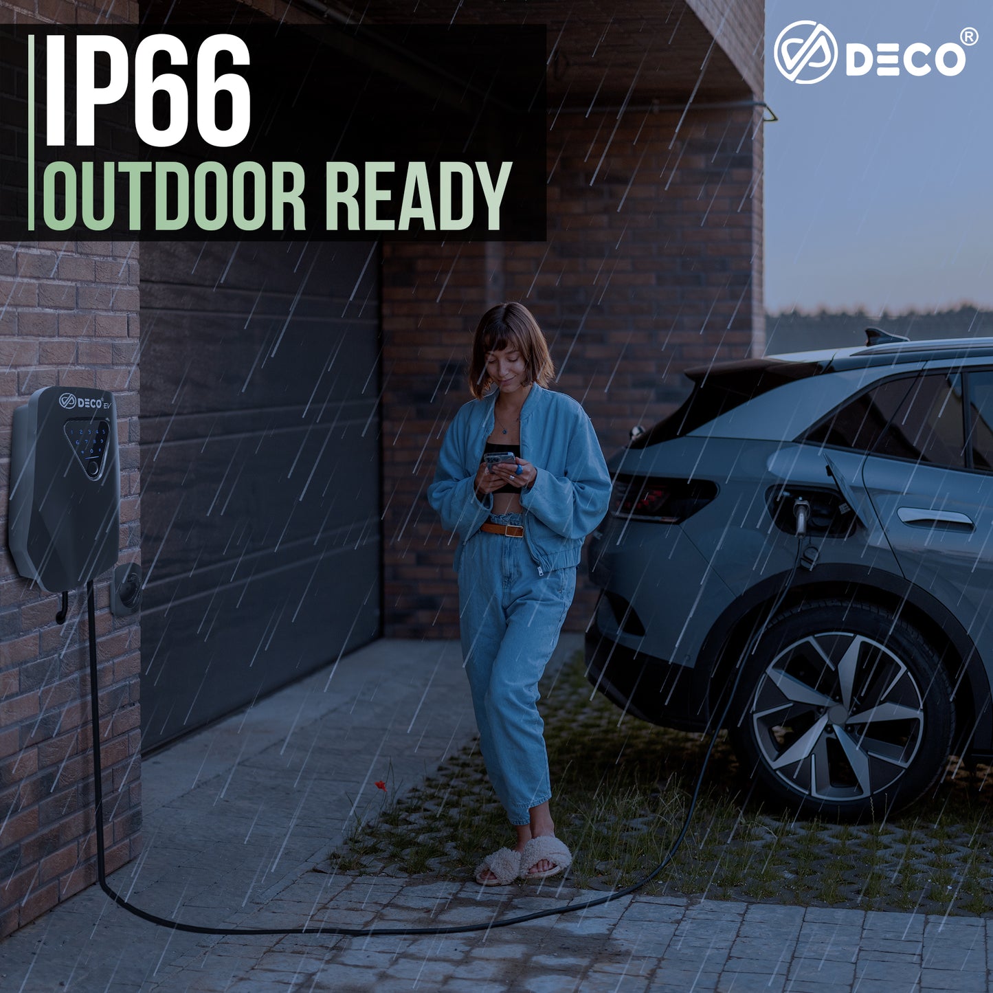 DECO® EV Touch | 7.4kW/32A WallBox | Super Fast EV Charger | 5M Cable Type 2 | Indoor/Outdoor | Black Electric Vehicle Car Charger | Fingerprint